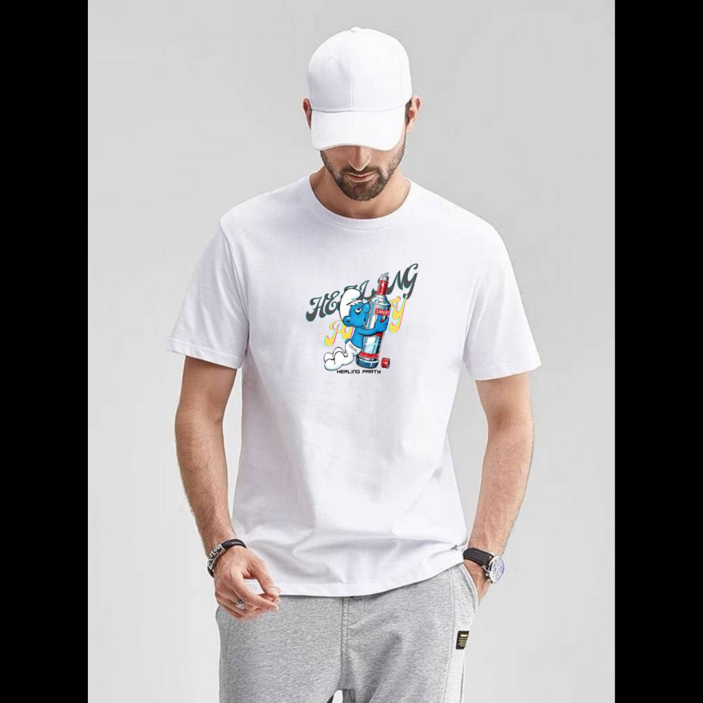 T-SHIRT PUTIH VINTAGE SMURF BY CFIVE / BAJU KAOS SMURF UNISEX / KAOS SMURF KATUN