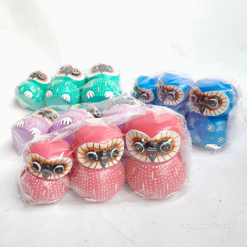 3 pcs Patung burung hantu celepuk kayu warna mini 1 set isi 3pcs