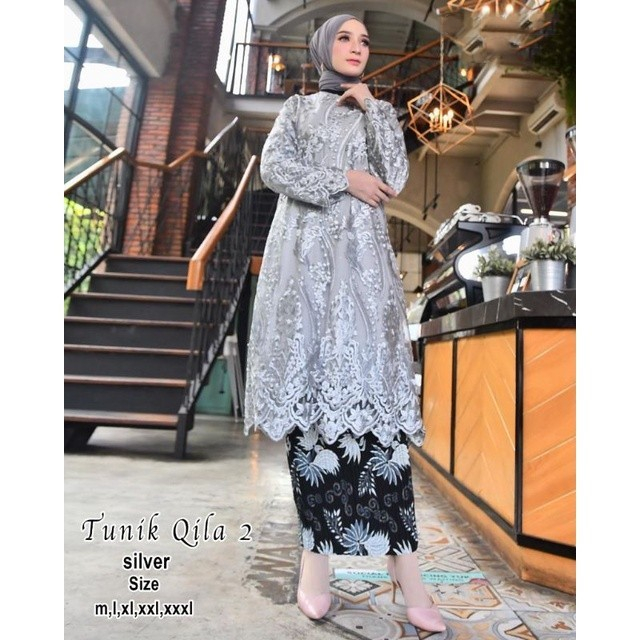 Kebaya Jumbo LD 140 - Setelan Kebaya Jumbo - Tunik Brukat - Silver / Grey