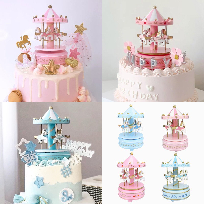 Cake Topper Kotak Musik Kuda Pink & Biru