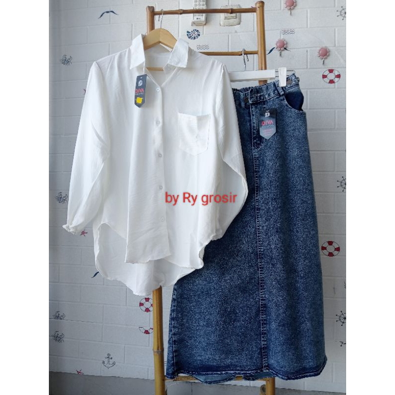 Setelan Laura Rok Span Jeans Tebal Premium - Atasan Kemeja Crinkle dan Rok Span Jeans