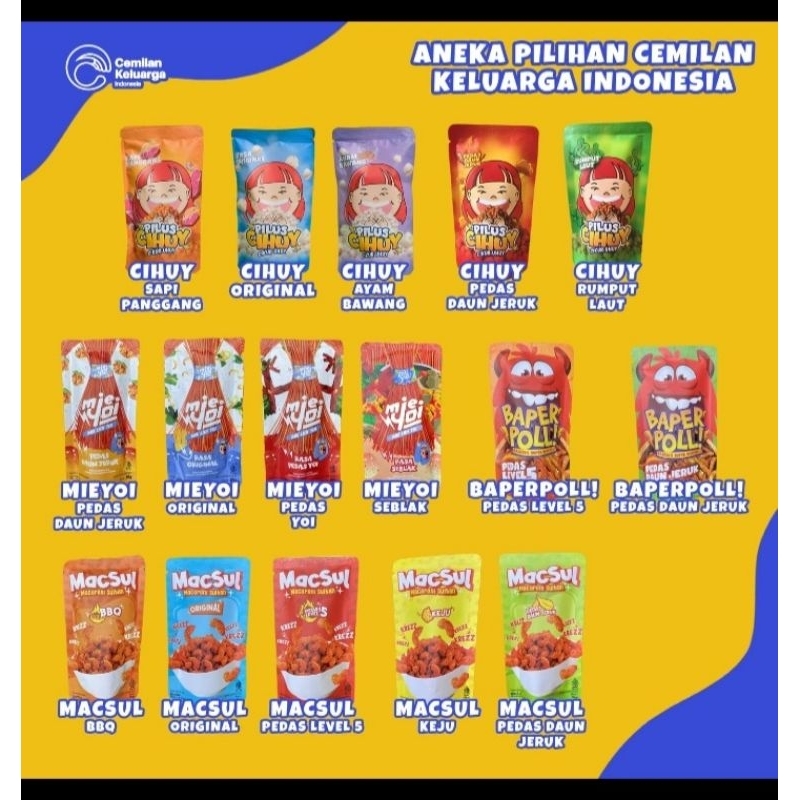 

Cemilan sehat renyah (BAPER, MIEYOI, PILUS CIKUR, MACSUL) 50GR