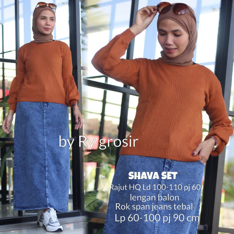 SETELAN WANITA SHAVA ATASAN RAJUT BALON + ROK SPAN JEANS KEKINIAN