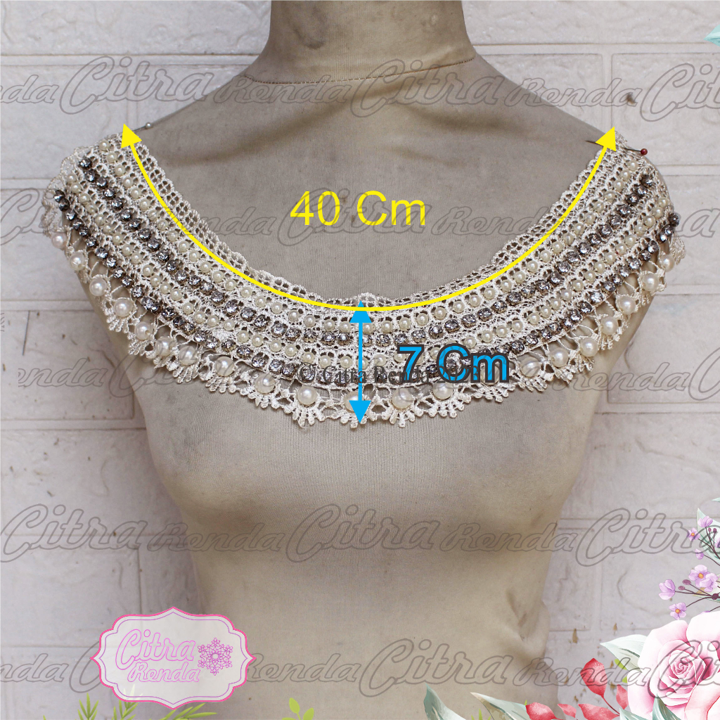 (Per Pcs) AP575 Bordir Aplikasi Tempel / Aplikasi Kerah Cantik Broken White Dengan Mote
