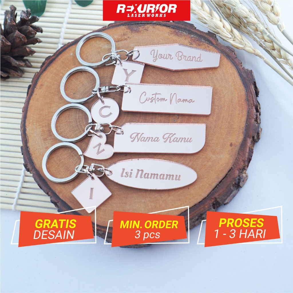 Gantungan Kunci Rose Gold Mirror Custom Nama [Murah] | Ganci Custom Akrilik Miror Rexurior Laser Wor