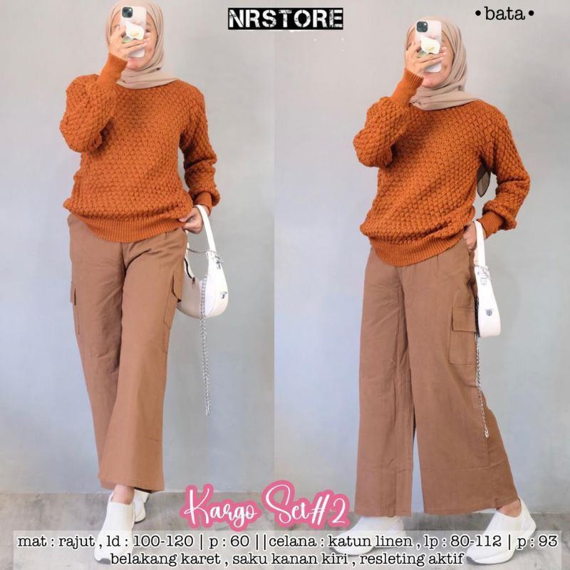 Setelan Celana Cargo Wanita Jumbo Atasan Rajut LD 120 Cargo Set By Athaya Hijab