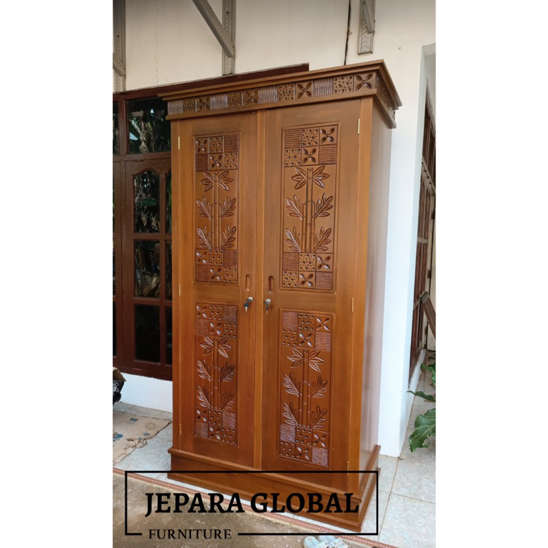 Lemari Pakaian minimalis jati Pintu 2 bambu ( lemari baju jati,lemari jati murah,lemari ukir )