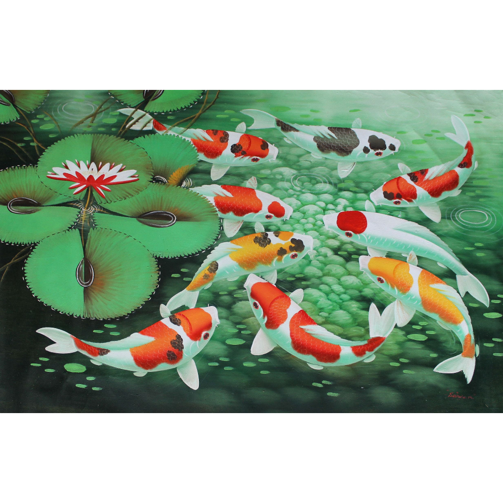 hiasan dinding 3D gambar ikan koi 1 bunga plus bingkai