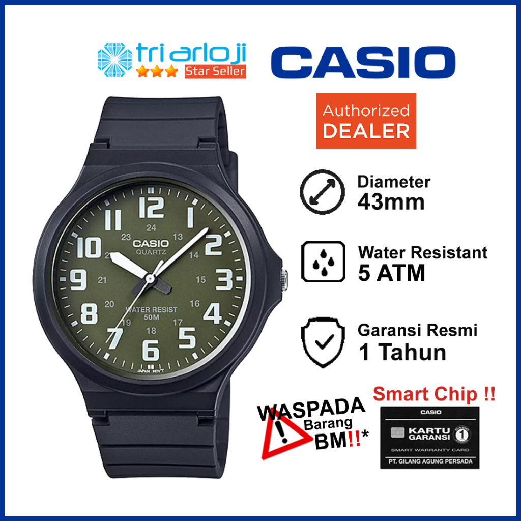 CASIO MW-240-3BVDF Jam Tangan Pria Analog Rubber Hitam Hijau MW-240-3B MW240