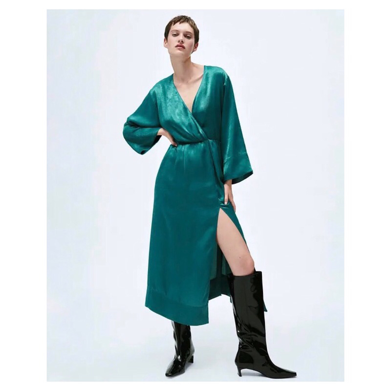 Dress Blue Silk Front Slit Elastis Waist