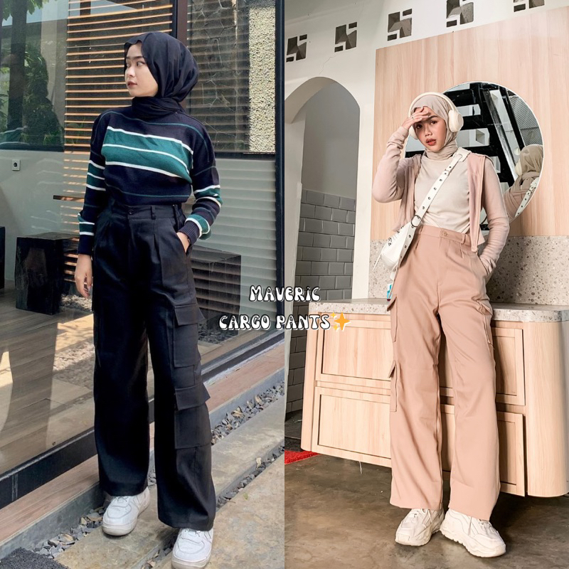 Stiego-Maverick Cargo Pants Celana Panjang wanita Cargo Kantong Kulot Kargo Wanita panjang Kantong T
