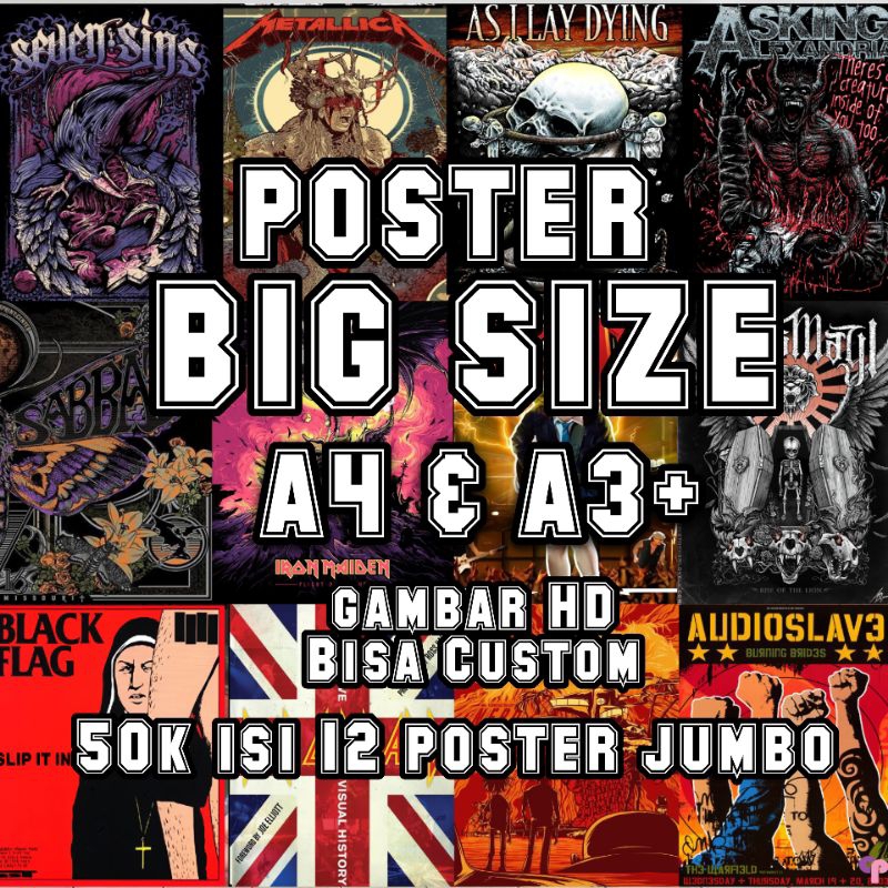 Poster dinding band metal paket 55k isi 12 poster band metal punk A3+ (32x48cm) Random/custom paket 