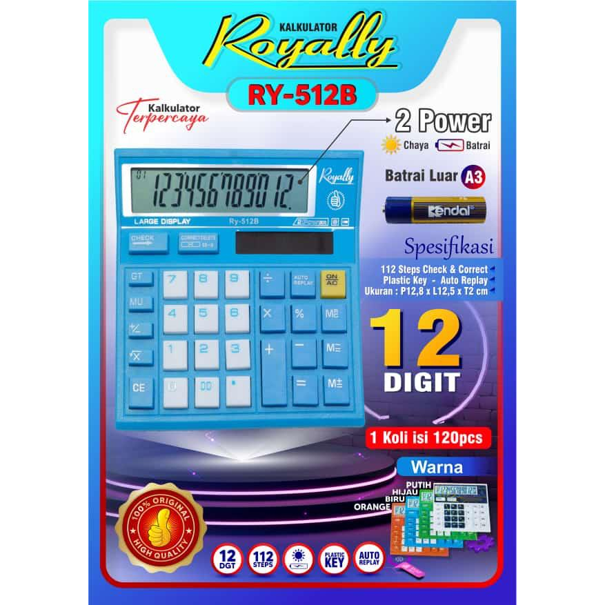 

[1 Pcs] Calculator 12 Digit Royally RY-512B / Kalkulator 12 Digit Royally RY-512B