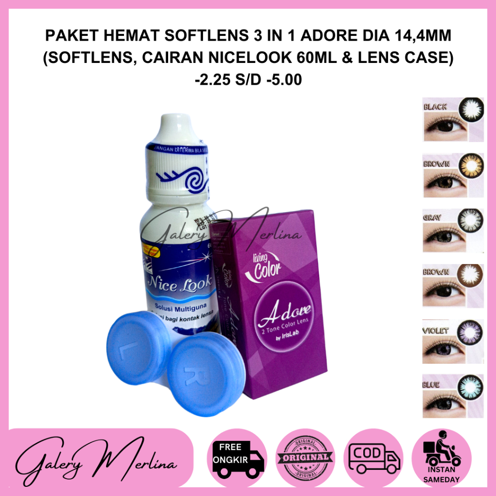 PAKET HEMAT SOFTLENS 3IN1 ADORE 1 TONE  & 2 TONE DIA 14,4 mm NORMAL MINUS -2.25.S/D -5.00 / SOFTLEN 