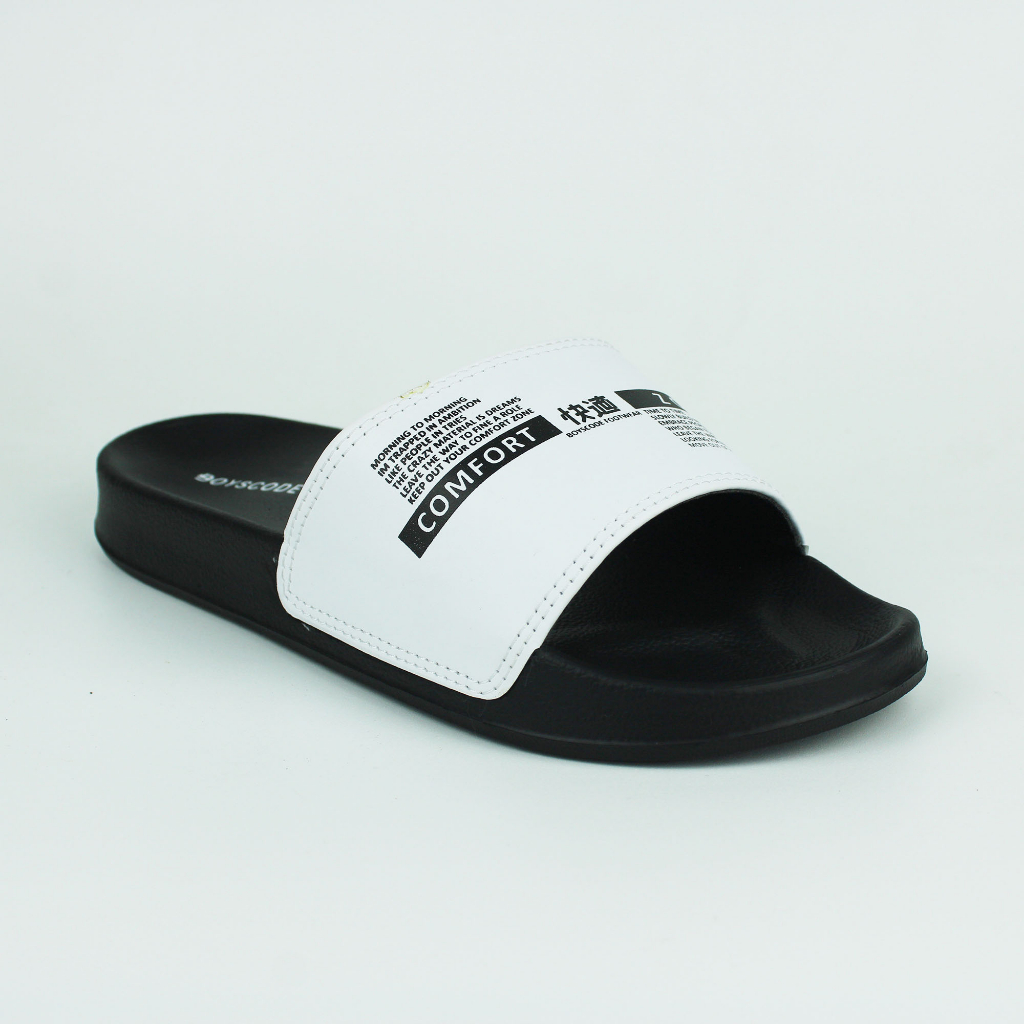 Sendal Selop Karet Distro Pria Wanita BOYSCODE Comfort Zone Hitam Putih / Slop Pria / Slip On Pria / Slide Pria