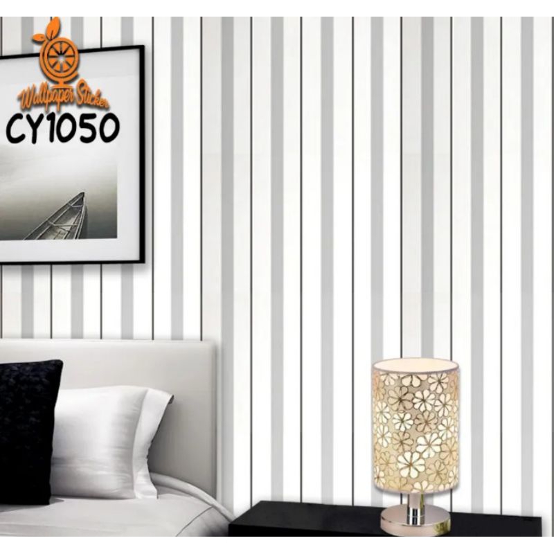 Wallpaper sticker dinding 45cmx10m motif salur abu grey cy1050 wallpaper premium