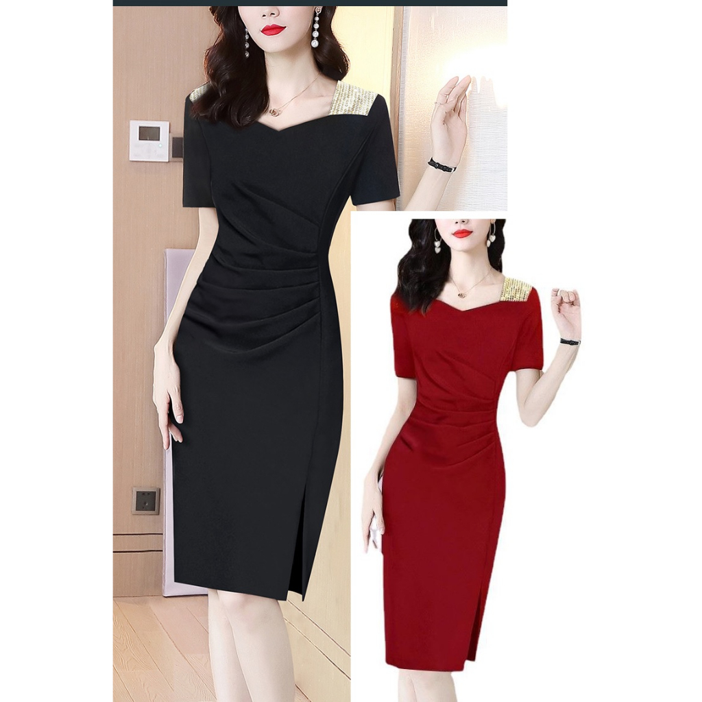 Gaun Pesta D23038 Merah Hitam Lengan Pendek Party Dress