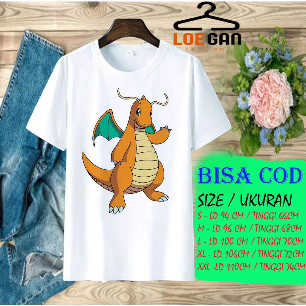 KAOS LOEGAN PRINT TEE SHIRT POKEMON DRAGONITE BISA COD SIZE JUMBO READY UNISEX KAOS WARNA WARNI WANI