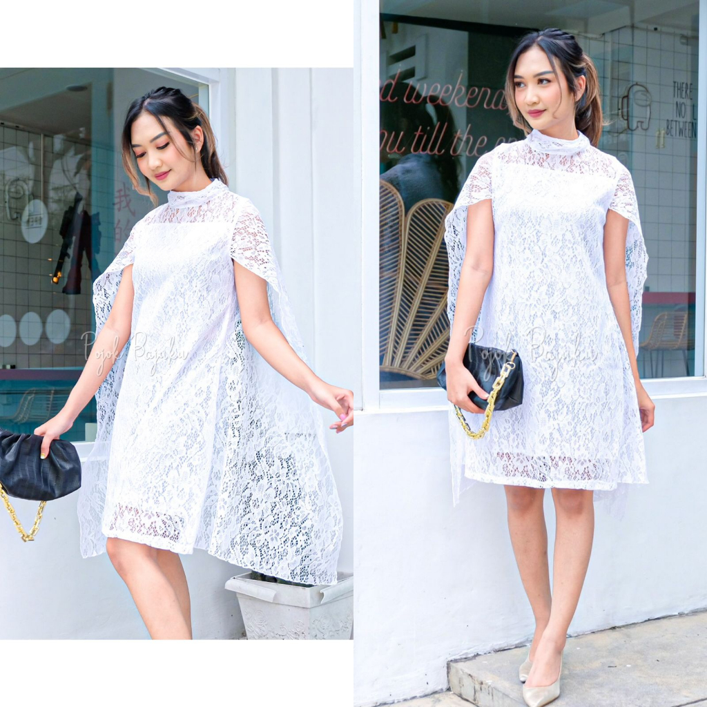 Dress Kondangan Brukat Putih Hitam Polos Baju Pesta Wanita Cocok Acara Formal Resmi Santai Lamaran T