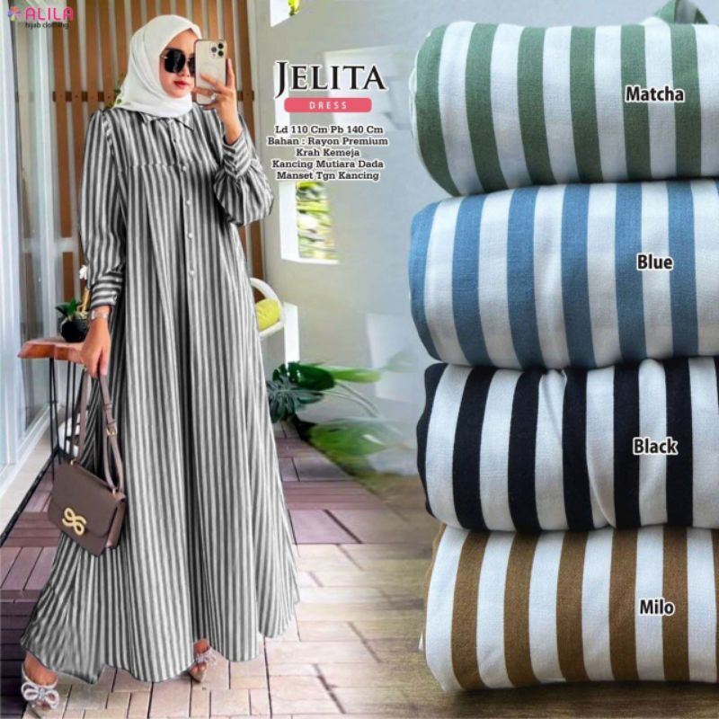 DRESS RAYON WANITA JUMBO LD 120 MOTIF STRIPE GARIS-GARIS ORIGINAL ALILA BUSUI KANCING