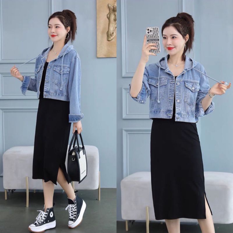 QUEEN SAKURA - Q3839B - HOODIE CROP JEANS JACKET PREMIUM IMPORT - JACKET HOODIE JEANS DENIM CASUAL K