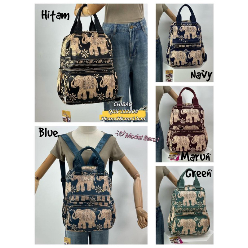QDX12280-GAJAH TAS RANSEL WANITA IMPORT CHIBAO MOTIF GAJAH MUAT LAPTOP