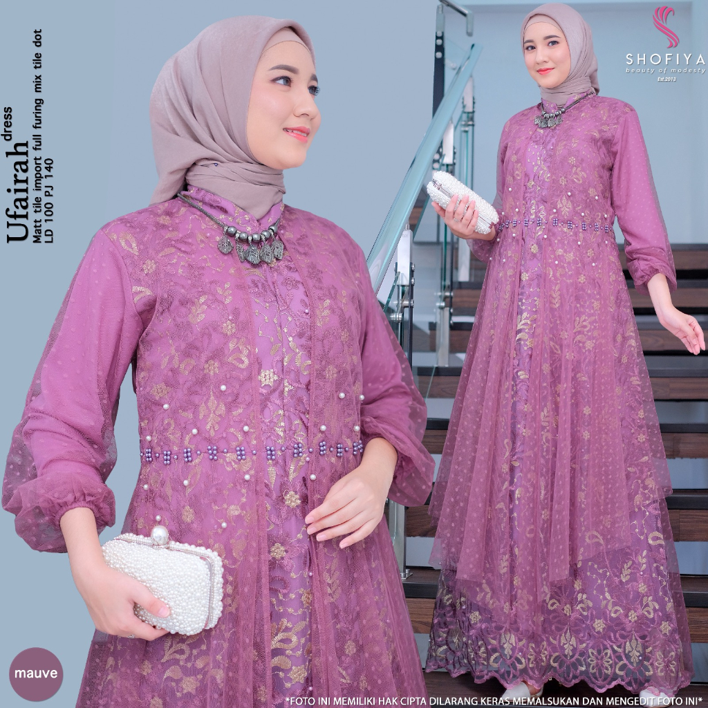 [LD 100] UFAIRAH DRESS GAMIS WANITA PESTA BRUKAT TILE IMPORT FULL FURING ORI BY SHOFIYA HIJAB