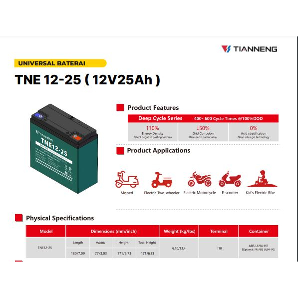 BATERAI AKI SEPEDA LISTRIK TIANNENG 12VOLT 20Ah ORIGINAL
