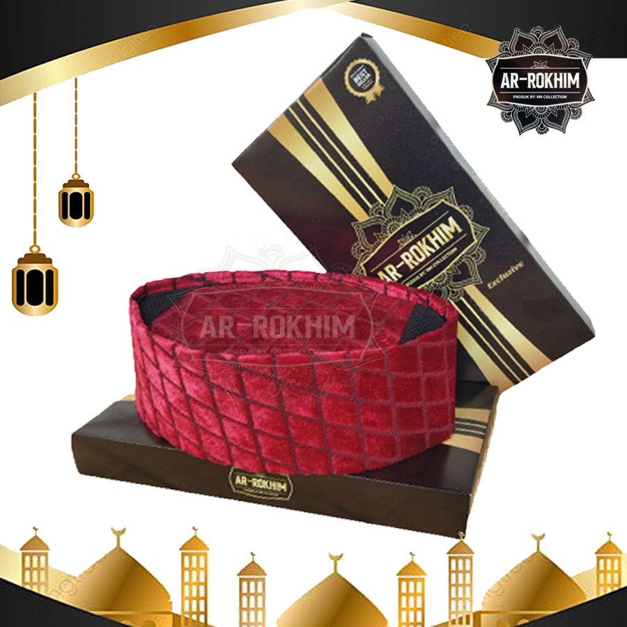 KOPIAH SONGKOK PECI AR-ROKHIM EXCLUSIF MOTIF BULU MERAH KOTAK AC UNTUK ANAK DAN DEWASA