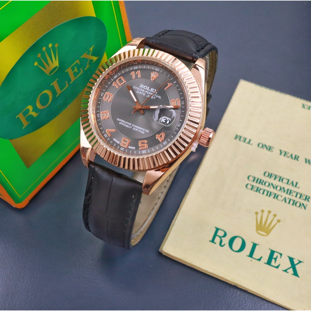 Jam Tangan Wanita Rolex Original 31150 Tali Kulit Motif Gerigi Free Box Rolex & Baterai Cadangan (BI