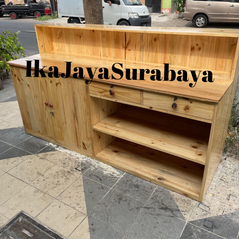 Meja resepsionis minimalis kayu jati belanda | Meja bar panjang
