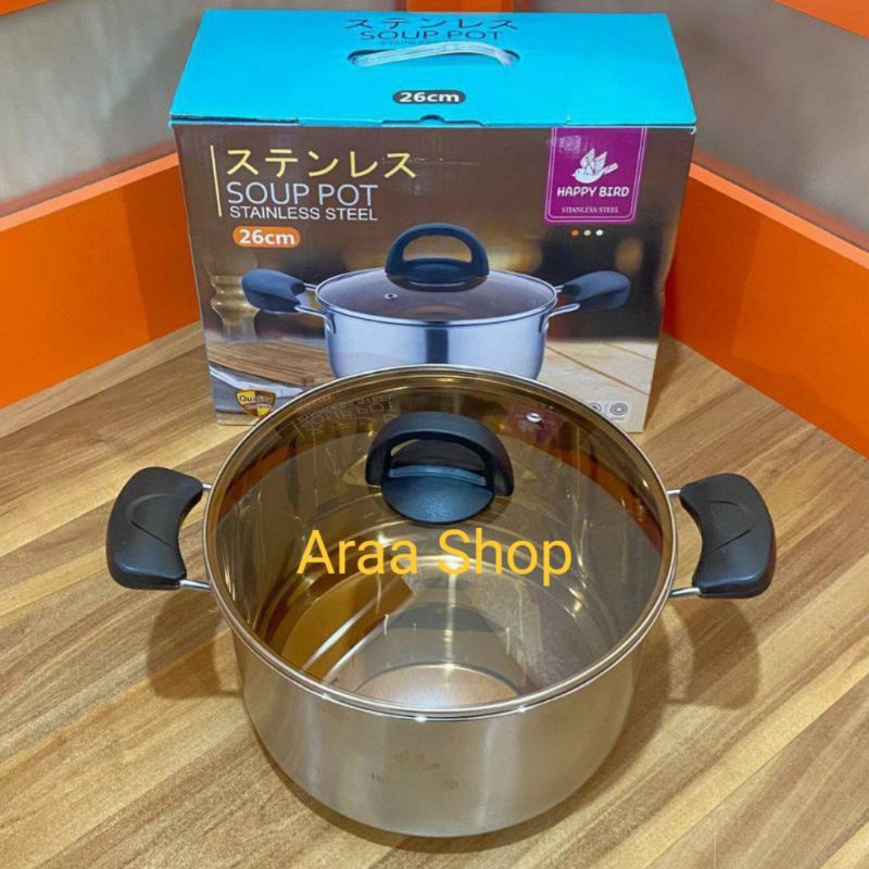 HAPPY BIRD Panci Rebus Tutup Kaca Stainless Steel 26cm Soup Pot Stainless Steel Panci Sop Tunggal St