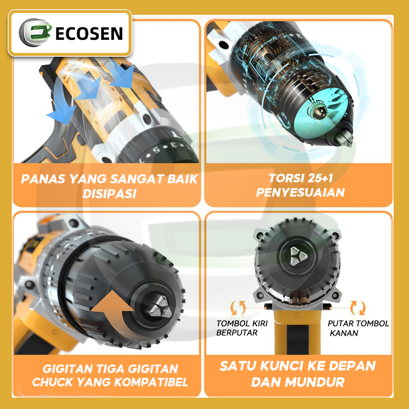 ECOSEN Mesin Bor Baterai Tangan With 2 Baterai 198VF Bor Tanpa Kabel Baterai Li-ion bor listrik murah bor tangan baterai besi tembok Beton kayu