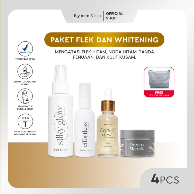 [KYMM] Paket Anti Flek & Whitening 4 pcs + FREE POUCH [ Face Wash, Effortless Sunscreen, Retinol Gol