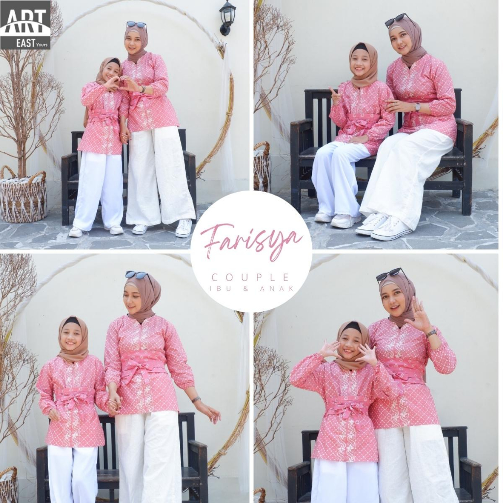 FARISYA Baju Ibu Anak Perempuan Couple Blouse Katun Batik Jumputan Pink Premium Include Obi Belt