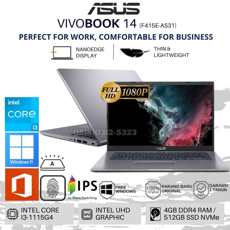 Laptop Asus Vivobook F415ea Intel Core I3 1115G4 Ssd 512Gb Ram 4Gb Fhd Backlight Windows 11 Original