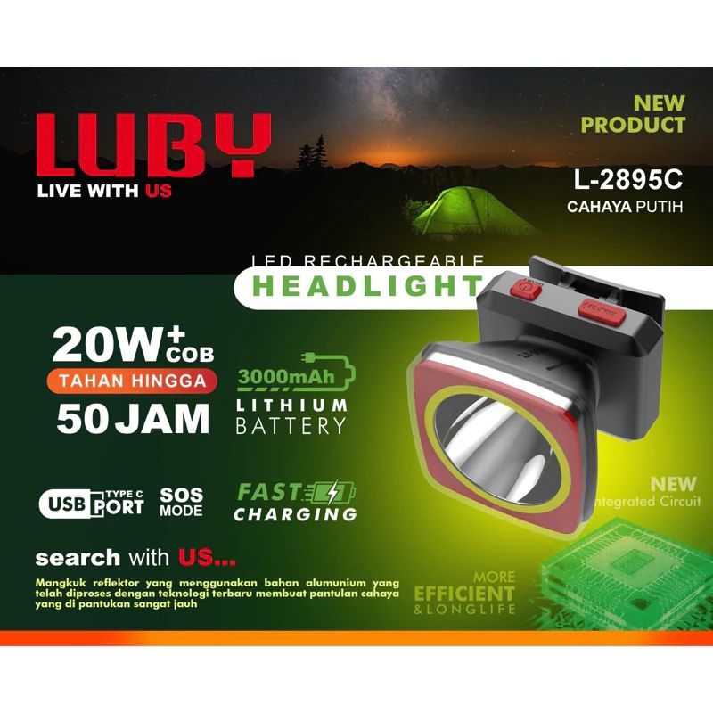 Luby senter kepala 20W+COB L2895C cahaya putih