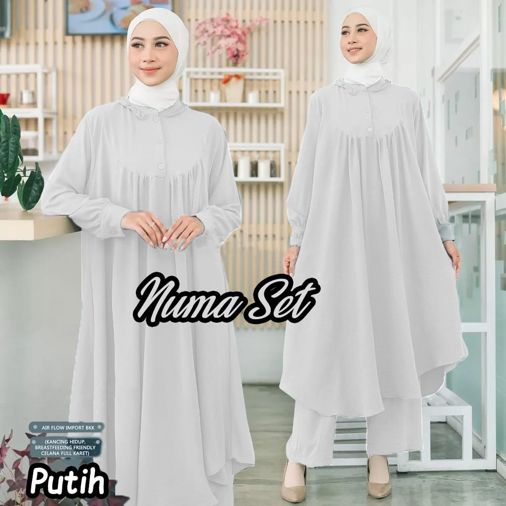 LONG SET TUNIK NUMA CRINKLE AIR FLOW TERBARU SETCEL PERLENGKAPAN UMROH BAJU PUTIH