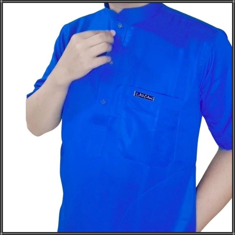 Baju koko pria muslim biru kancing import Bahan Saudi premium import