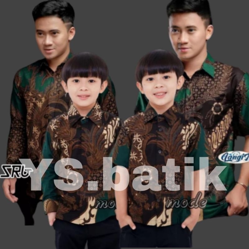 Baju couple keluarga kemeja batik pria dan anak laki laki warna hijau botol emerald
