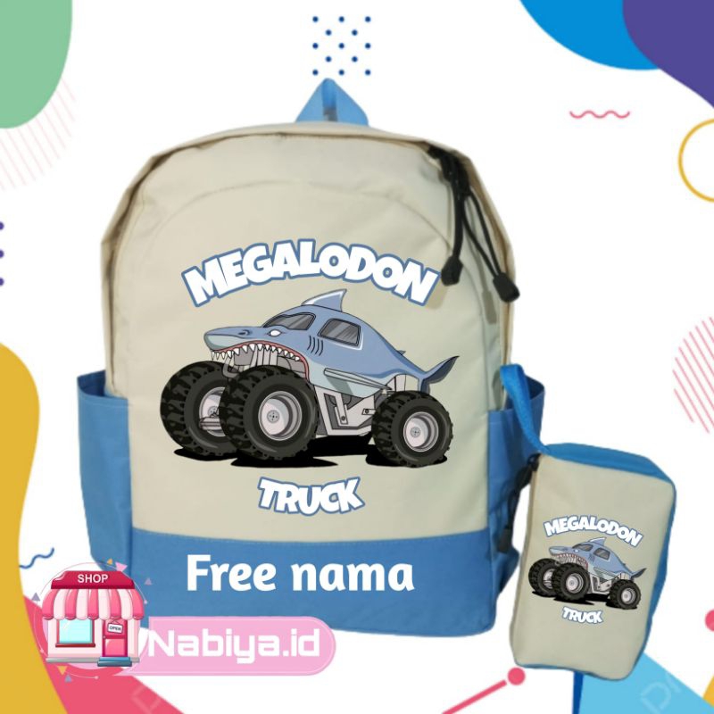 TAS RANSEL BACKPACK ANAK SEKOLAH COSTUME GAMBAR KARAKTER HIU MEGALODON TRUCK MONSTER TERBARU FREE NA