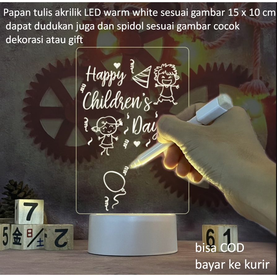 

Papan tulis akrilik LED warm white sesuai gambar 15 x 10 cm dapat dudukan juga dan spidol sesuai gambar cocok dekorasi atau gift