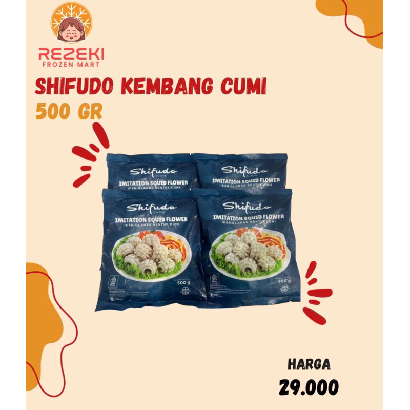 

Shifudo Kembang Cumi 500 Gr | Ikan Olahan Bentuk Kembang Cumi | Imitation Squid Flower | Frozen Food Murah