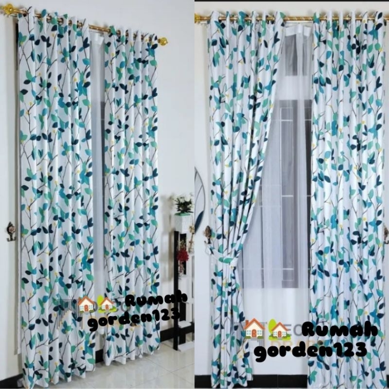 Gorden blackout  motif bunga Serambit hijau Biru