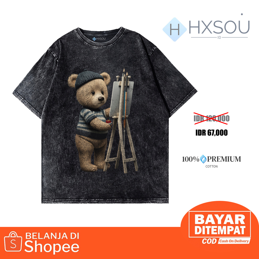 Hxsou T-shirt Oversize Unisex Washed / Baju Kaos Oversize Wash Bear C15