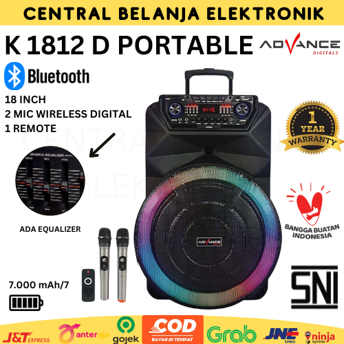 ADVANCE SPEAKER AKTIF PORTABLE BLUETHOOTH 18 INCH K1812D BONUS 2MIC WIRELESS