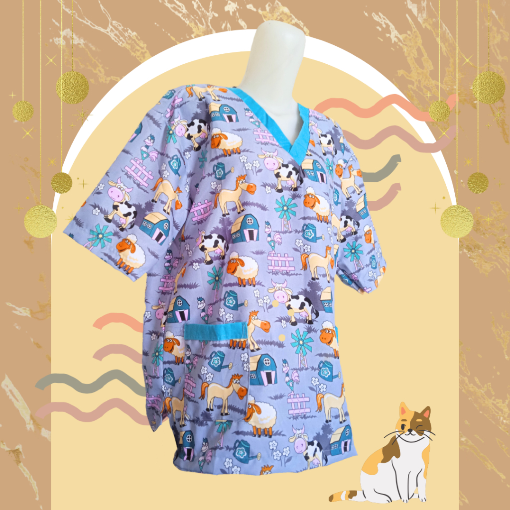 BAJU PRAKTEK DOKTER HEWAN WARNA NILA TROPICAL  INDIGO MOTIF HEWAN SAPI KUDA DOMBA RUMINAN MEOWCAT VE