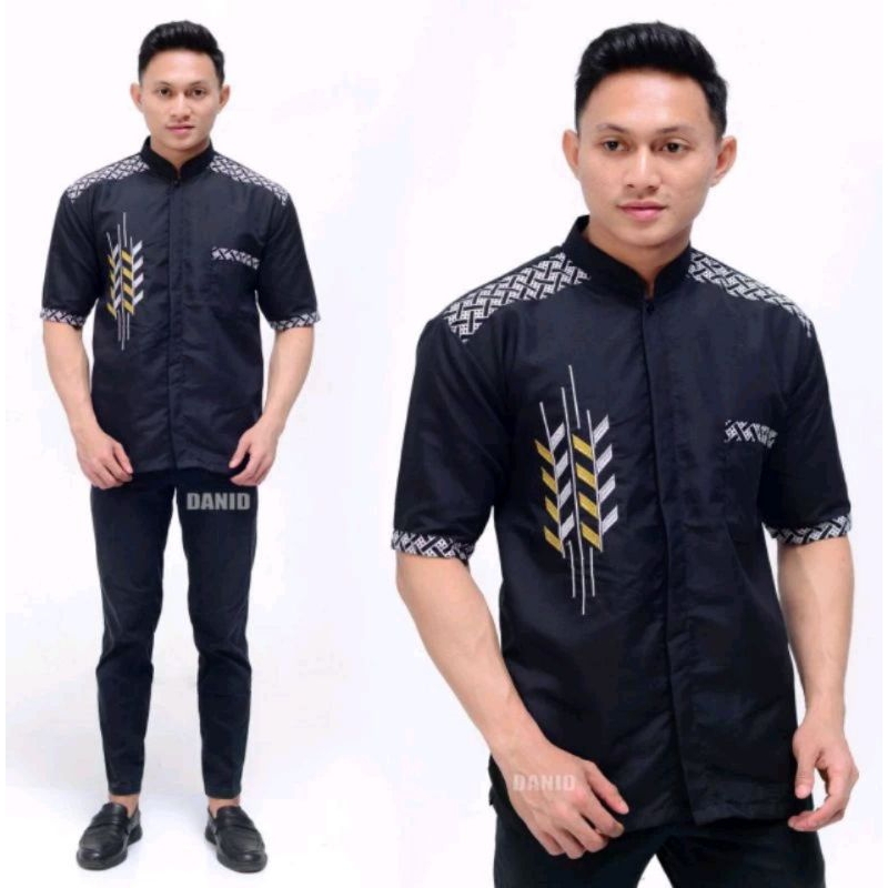 premium koko/kemeja bordil kombinasi batik lengan pendek