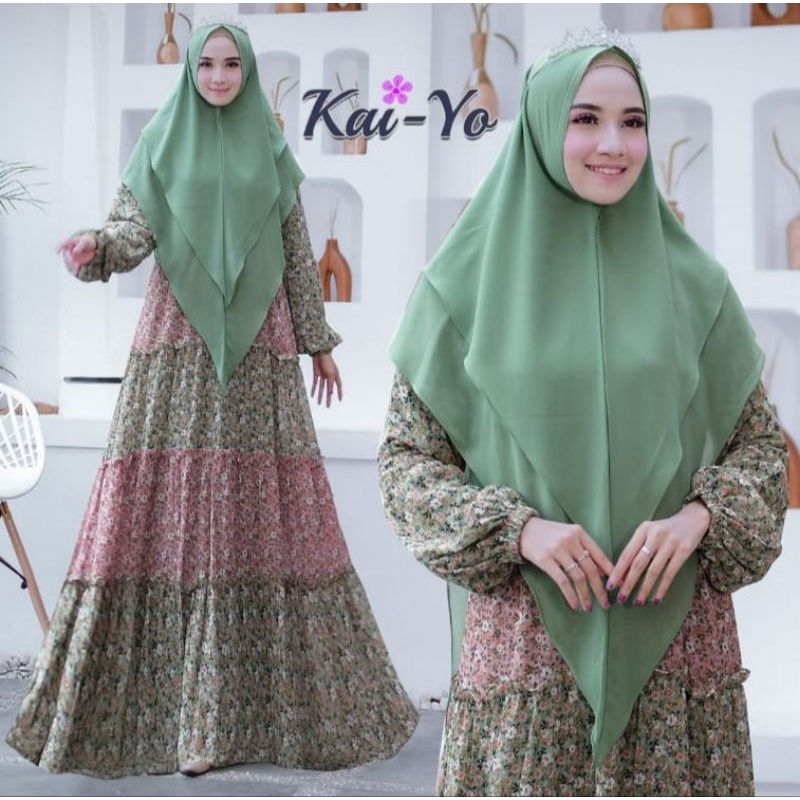 Gamis kerudung susun motif bunga