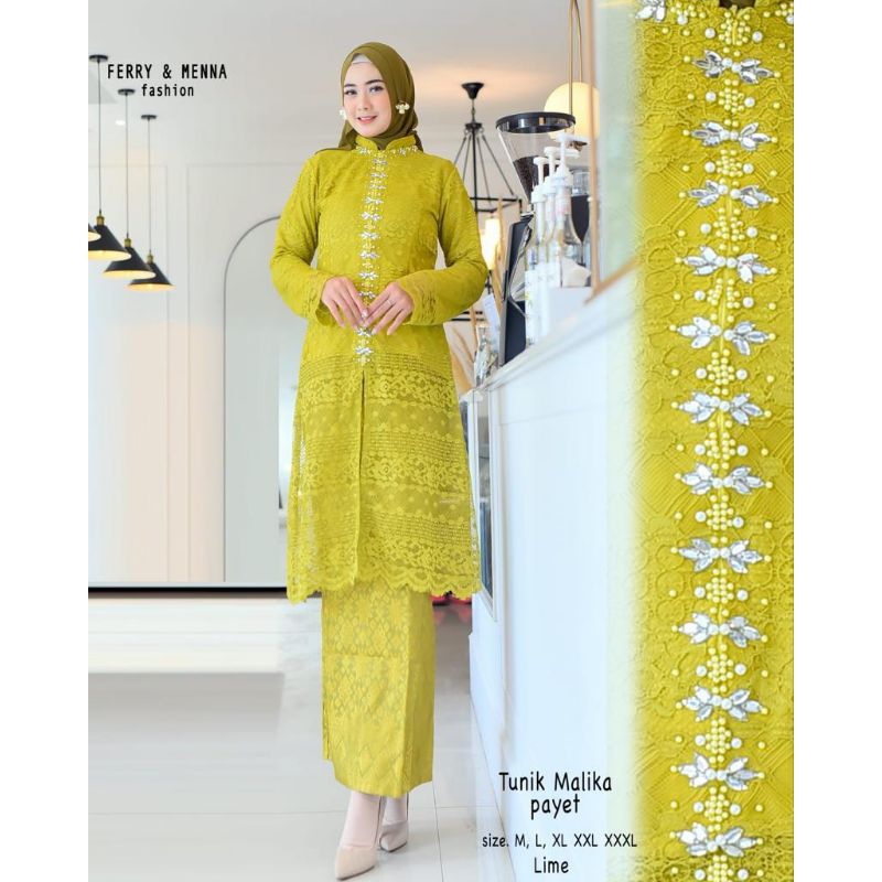 KEBAYA BRUKAT MODERN PAYET JUMBO LD 130 cm /SET BAJU KURUNG PESTA/KEBAYA KUNING LEMON TERBARU
